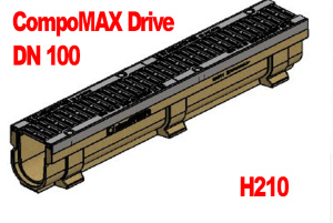 Комплект: Лоток CompoMax Drive ЛВ–10.16.21–П полимербетонный с решеткой щелевой чугунной ВЧ кл.D и E