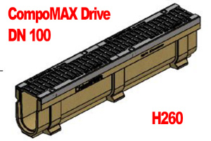Комплект: Лоток CompoMax Drive ЛВ–10.16.26–П полимербетонный с решеткой щелевой чугунной ВЧ кл.D и E